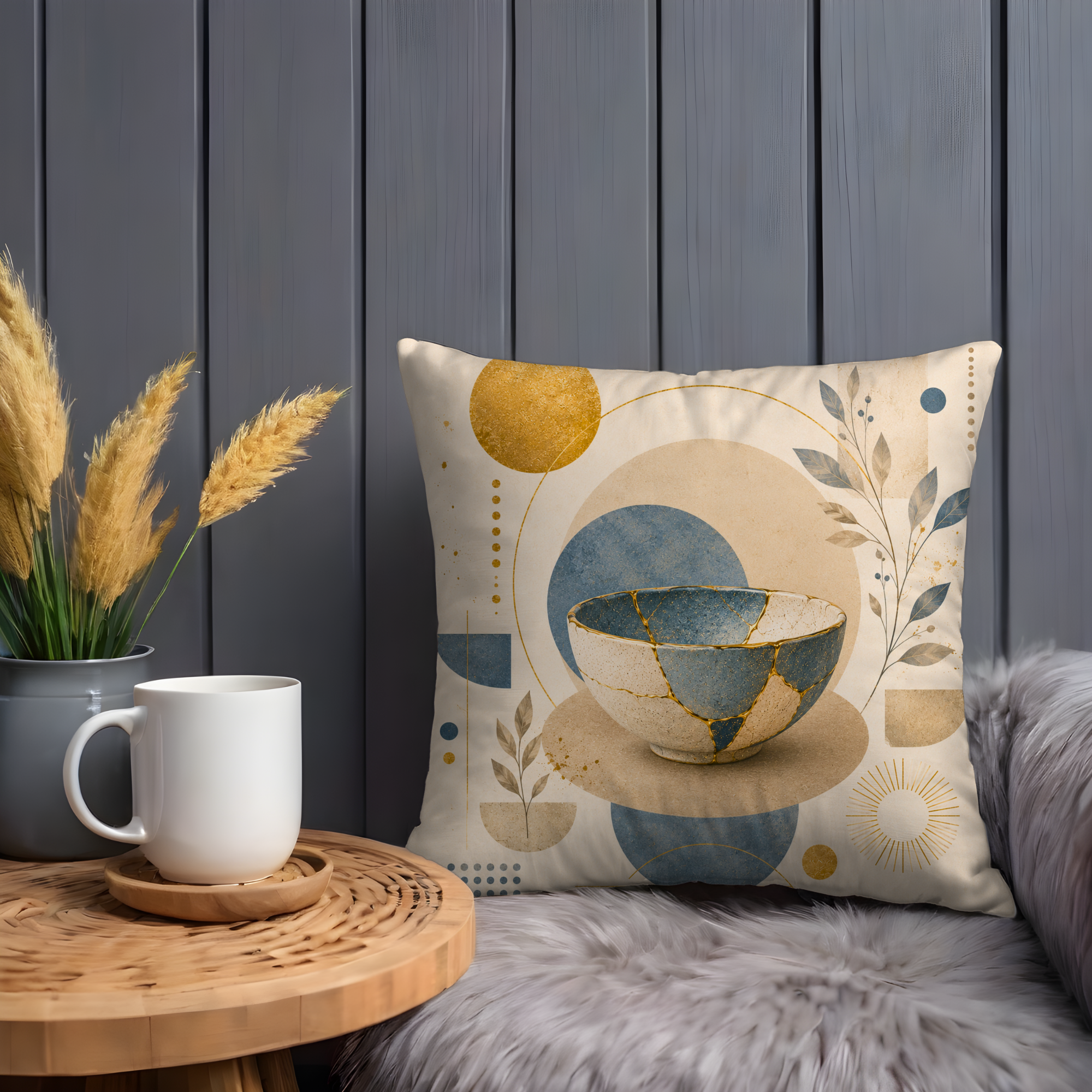 Mosaic Ceramic Bowl Pillow Cover | Boho Abstract Art | Gold Crackle Decor