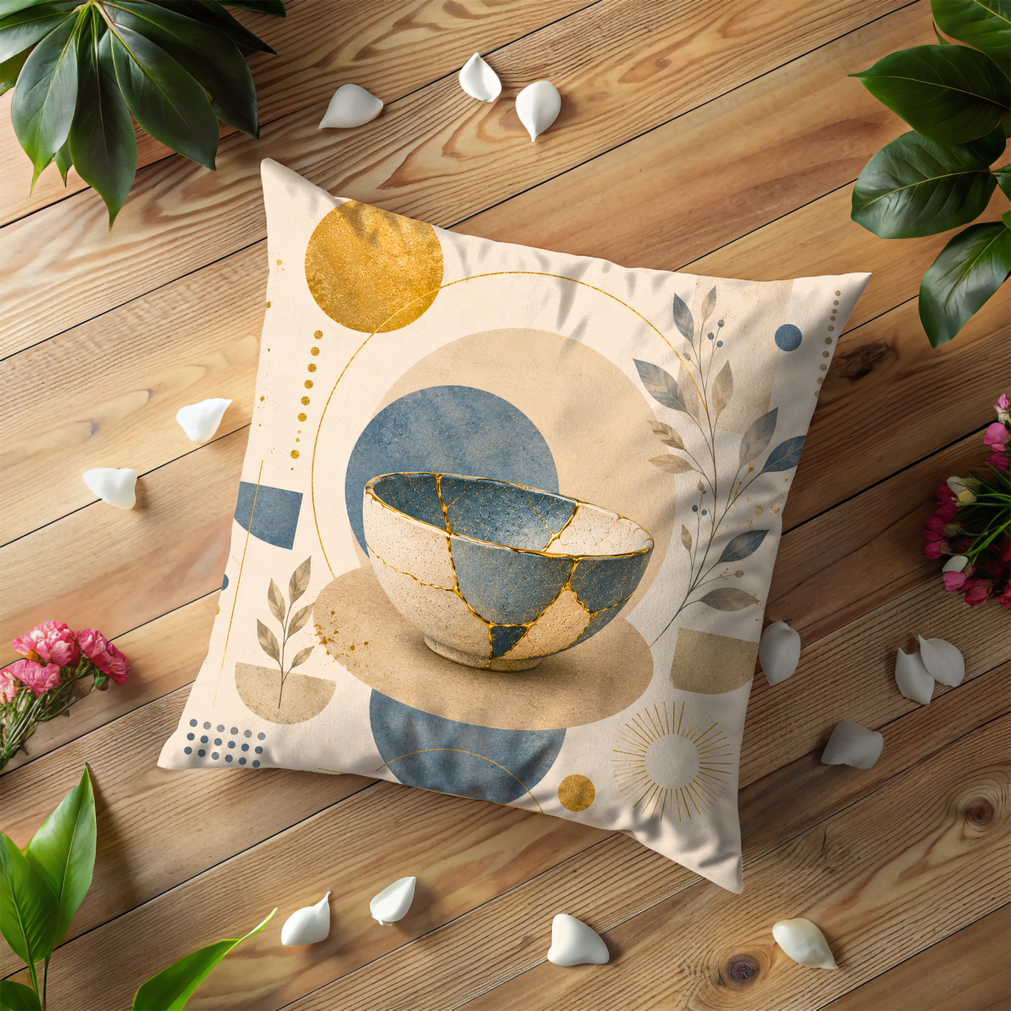 Mosaic Ceramic Bowl Pillow Cover | Boho Abstract Art | Gold Crackle Decor