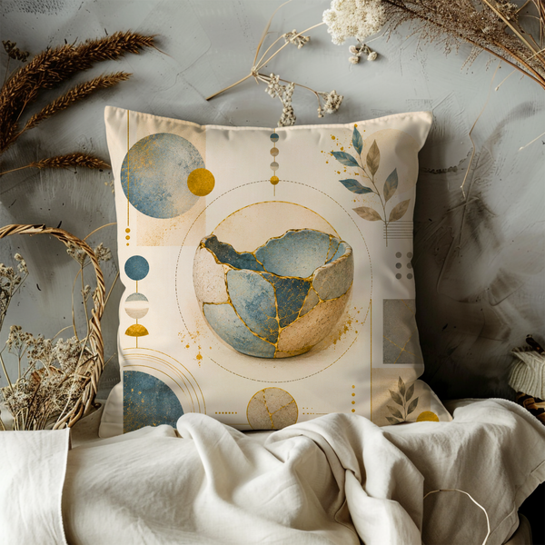 Kintsugi Pottery Bowl Pillow Cover – Blue Gold Abstract Art