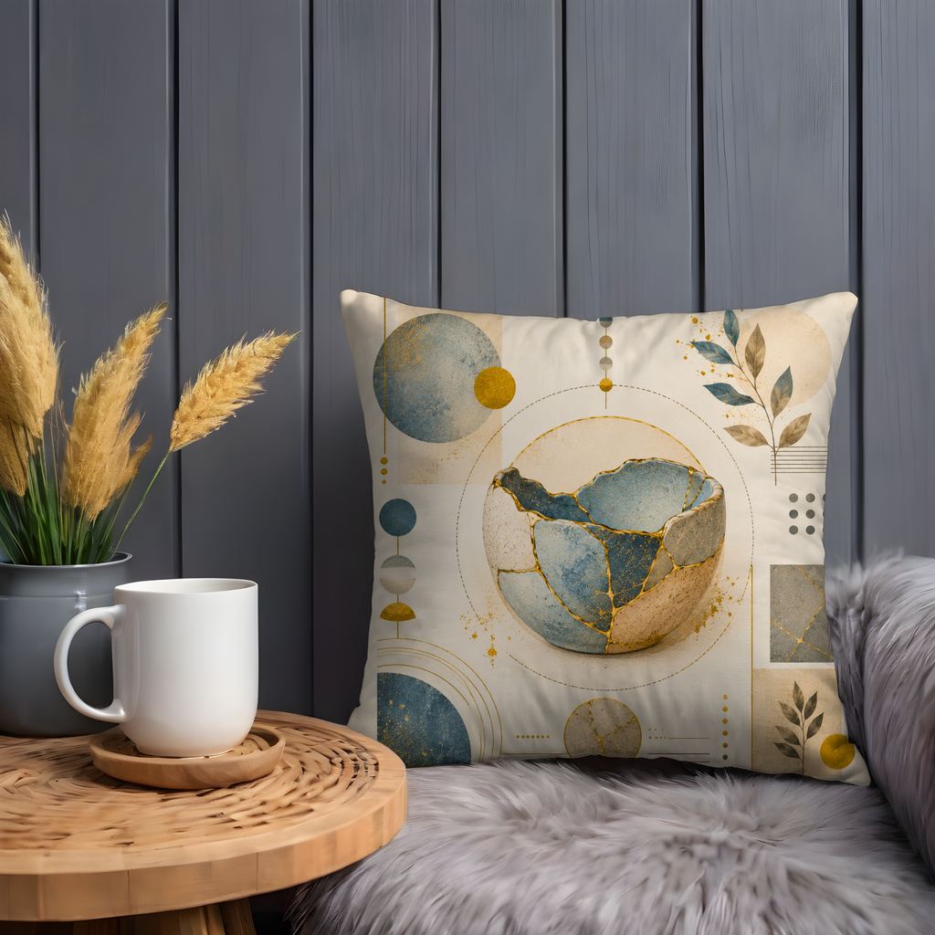 Mosaic Ceramic Bowl Pillow Cover | Boho Abstract Art | Gold Crackle Decor