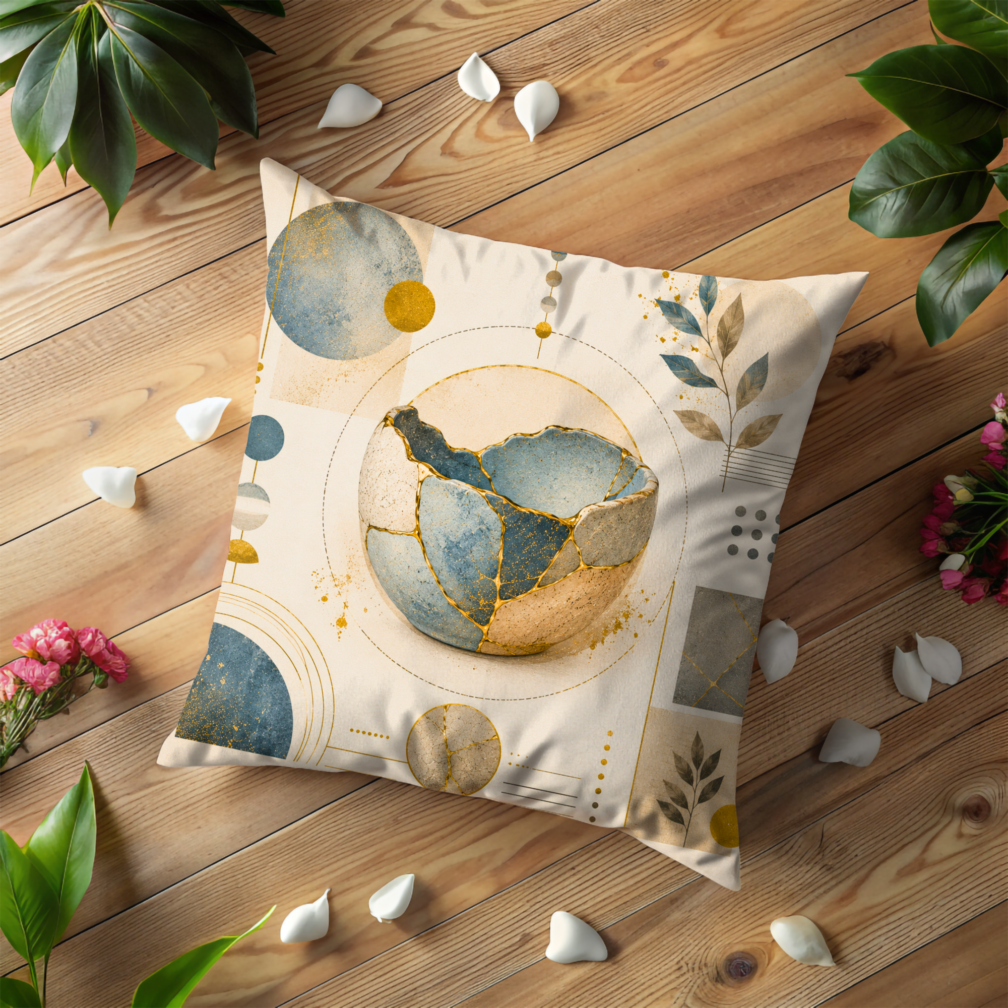Mosaic Ceramic Bowl Pillow Cover | Boho Abstract Art | Gold Crackle Decor