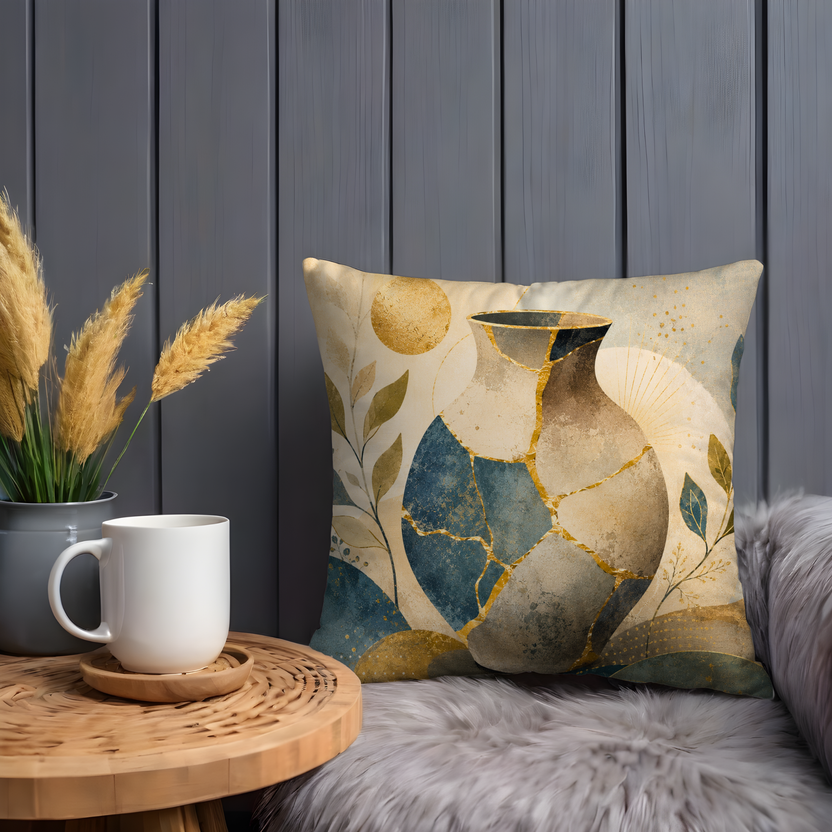 Mosaic Vase Pillow Cover – Boho Ceramic Art | Gold Crackle Decor