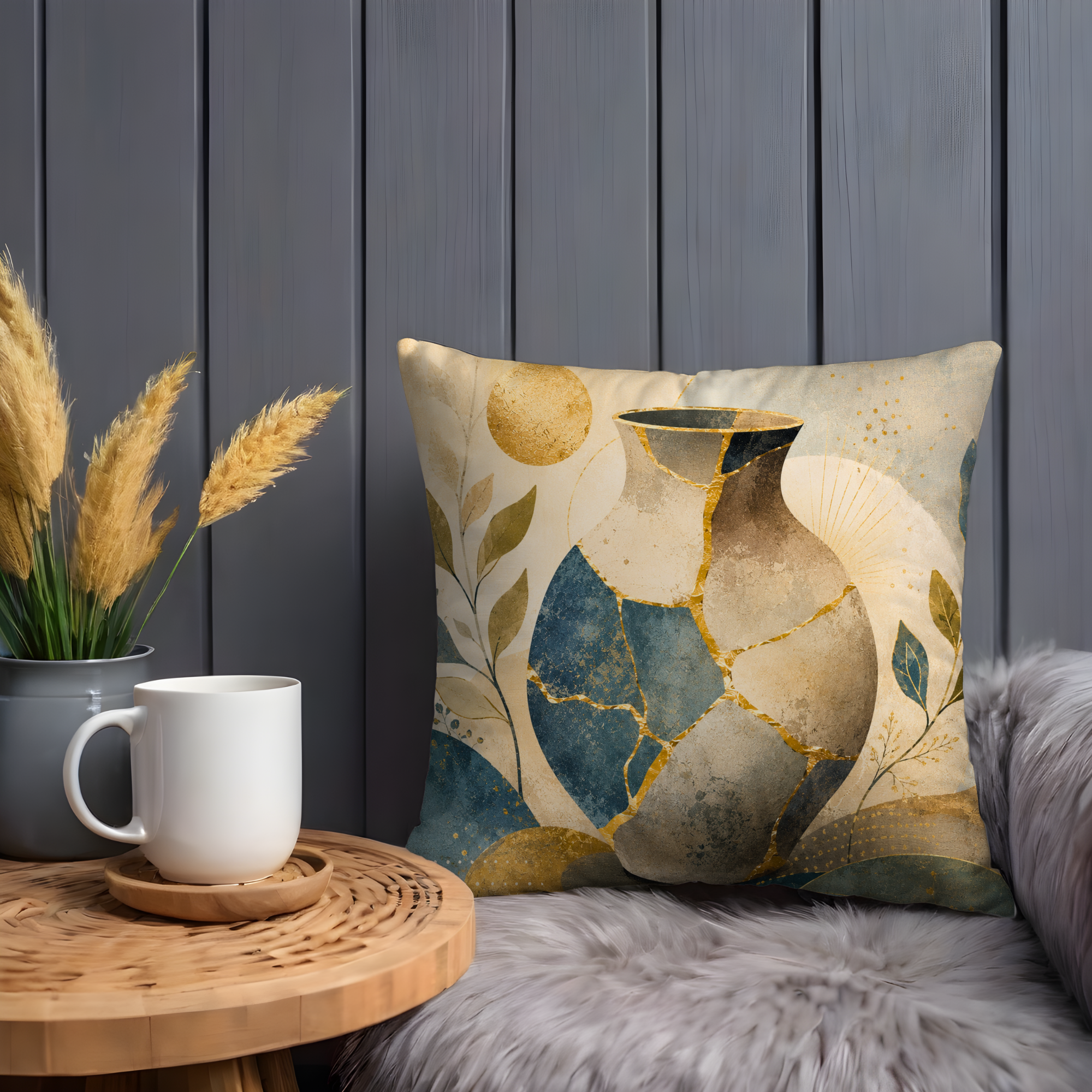 Mosaic Vase Pillow Cover | Boho Ceramic Art | Gold Crackle Decor