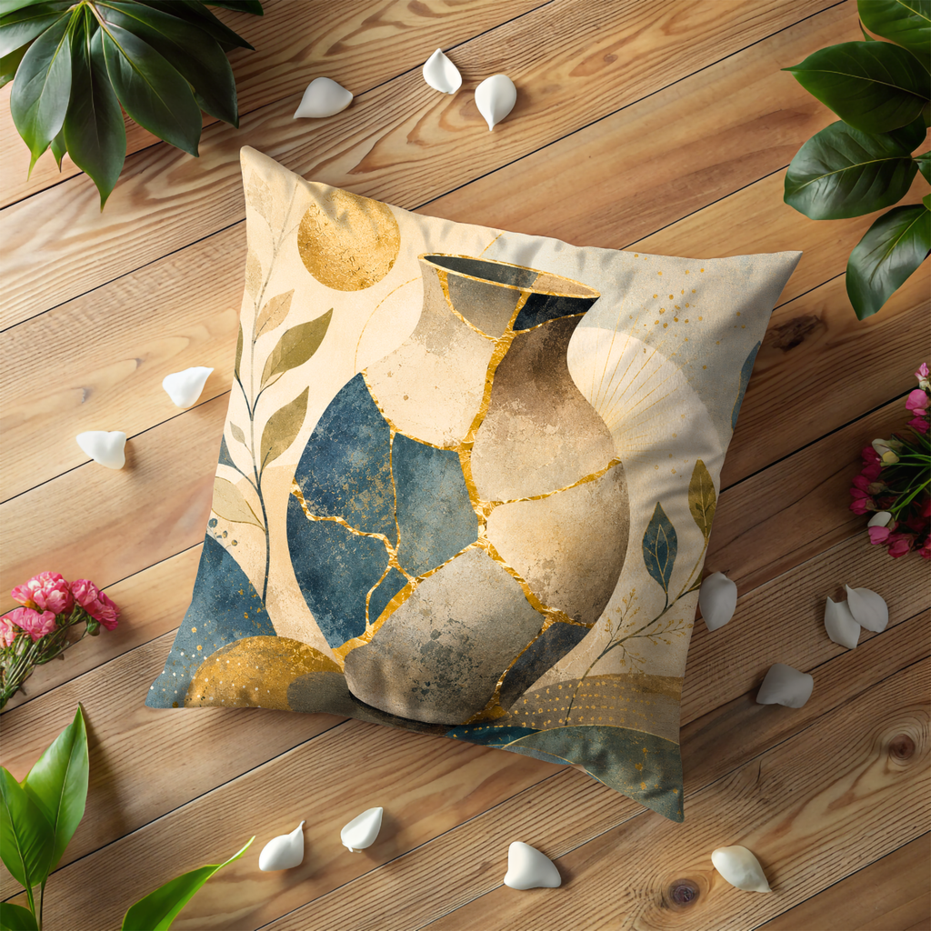 Mosaic Vase Pillow Cover | Boho Ceramic Art | Gold Crackle Decor