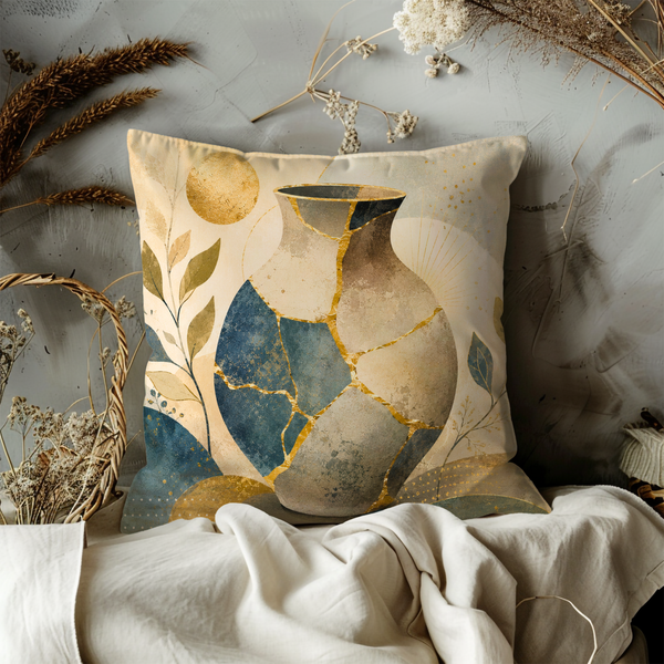 Mosaic Vase Pillow Cover – Boho Ceramic Art | Gold Crackle Decor