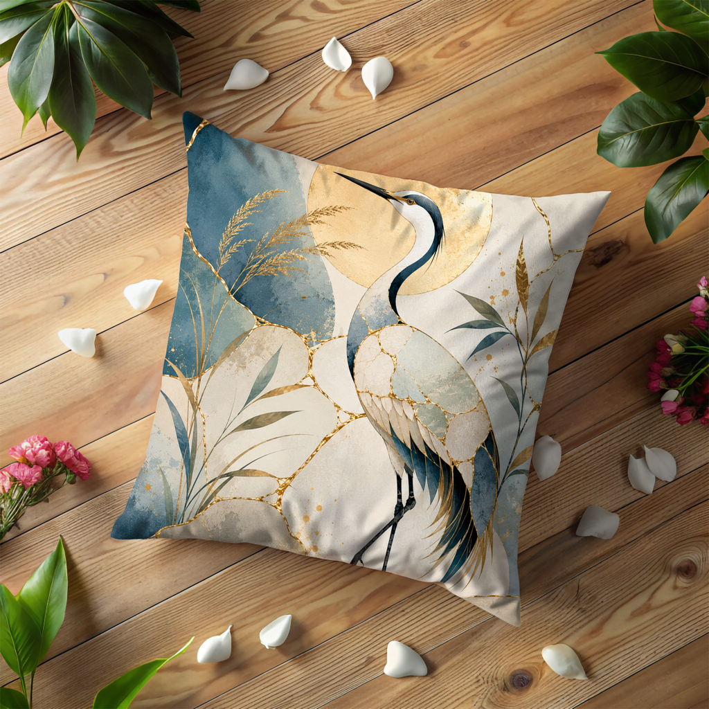 Mosaic Heron Pillow Cover | Golden Sun Bird Art | Gold Crackle Decor