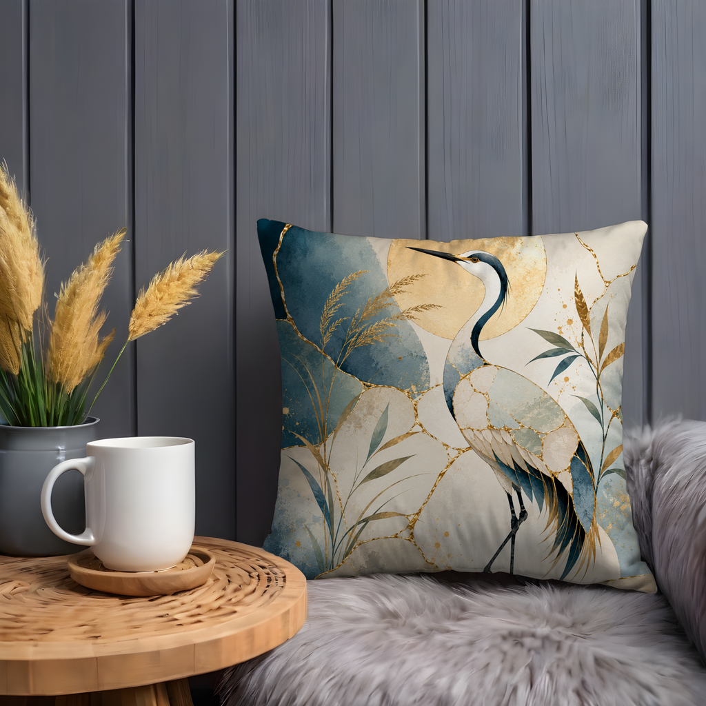 Mosaic Heron Pillow Cover | Golden Sun Bird Art | Gold Crackle Decor