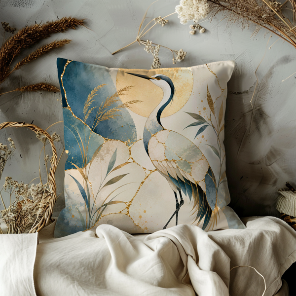 Mosaic Heron Pillow Cover – Golden Sun Bird Art | Gold Crackle Decor
