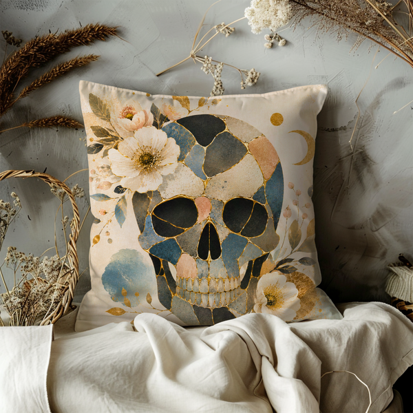Floral Skull Pillow Cover – Memento Mori Art | Gold Crackle Decor