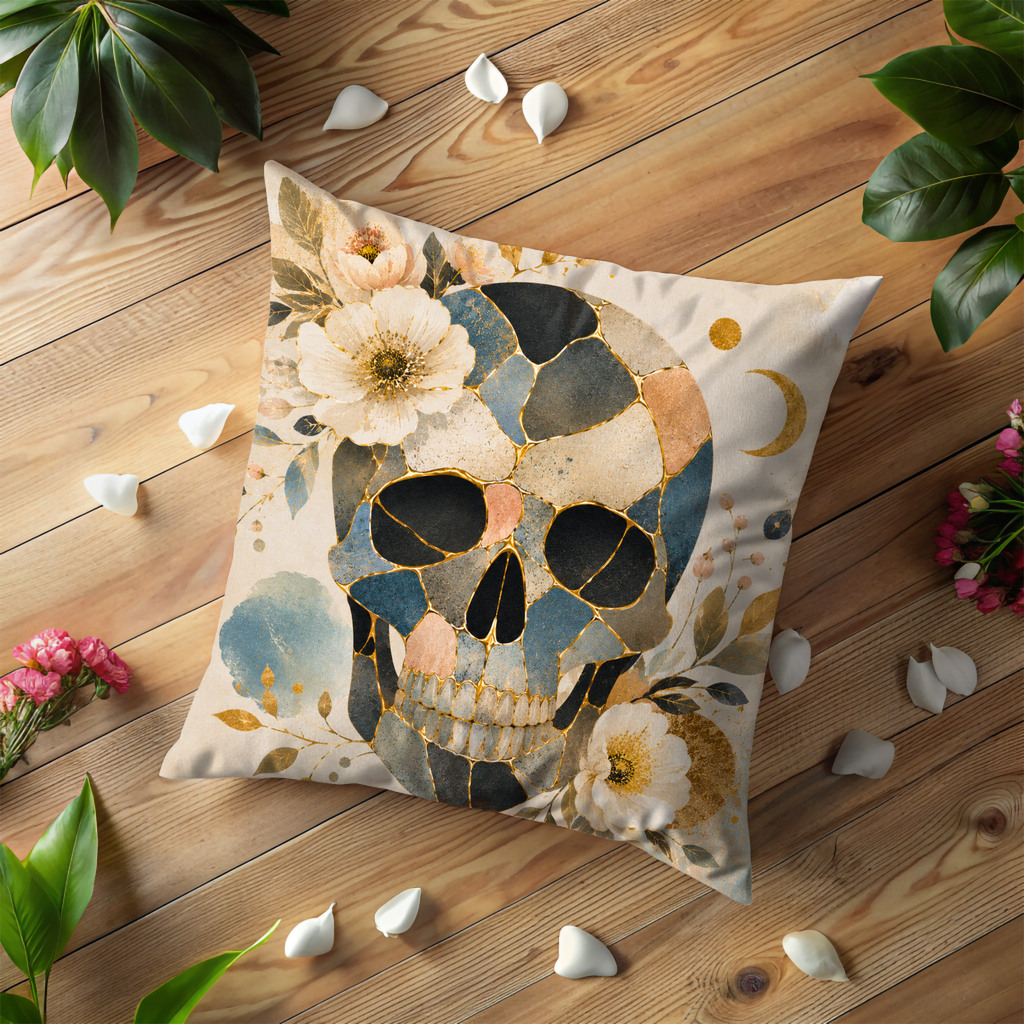 Floral Skull Pillow Cover | Memento Mori Art | Gold Crackle Decor