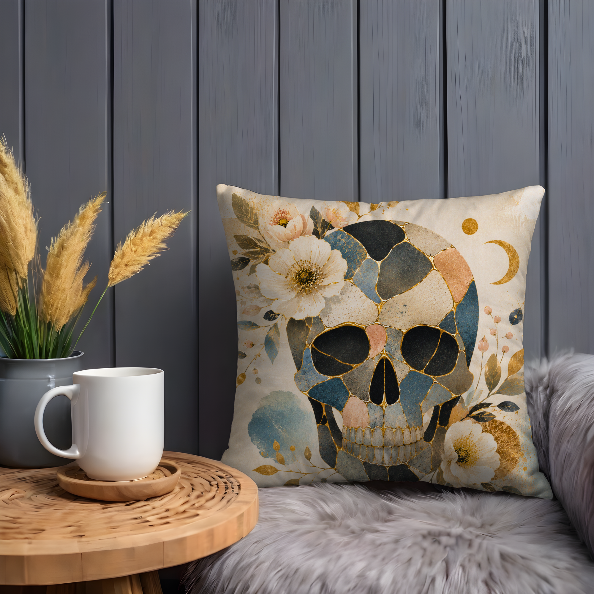 Floral Skull Pillow Cover | Memento Mori Art | Gold Crackle Decor