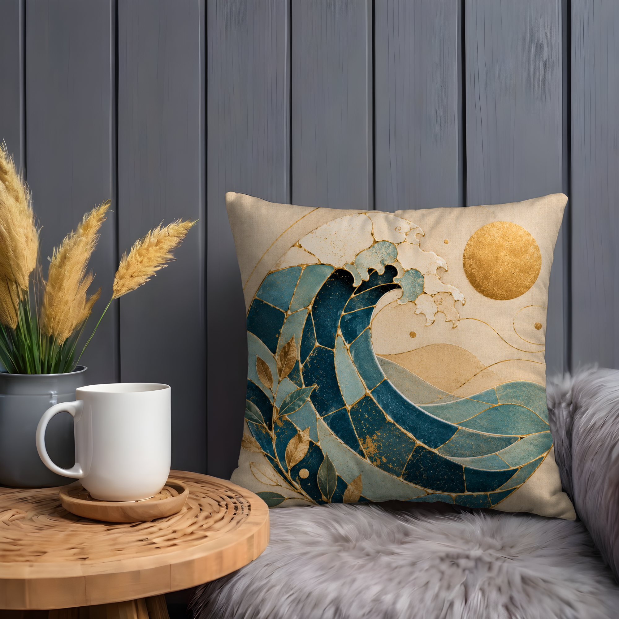 Mosaic Ocean Wave Pillow Cover | Golden Sun Wave Art | Gold Crackle Decor
