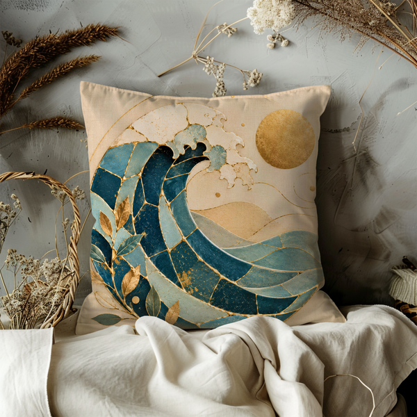 Mosaic Ocean Wave Pillow Cover – Golden Sun Wave Art | Gold Crackle Decor