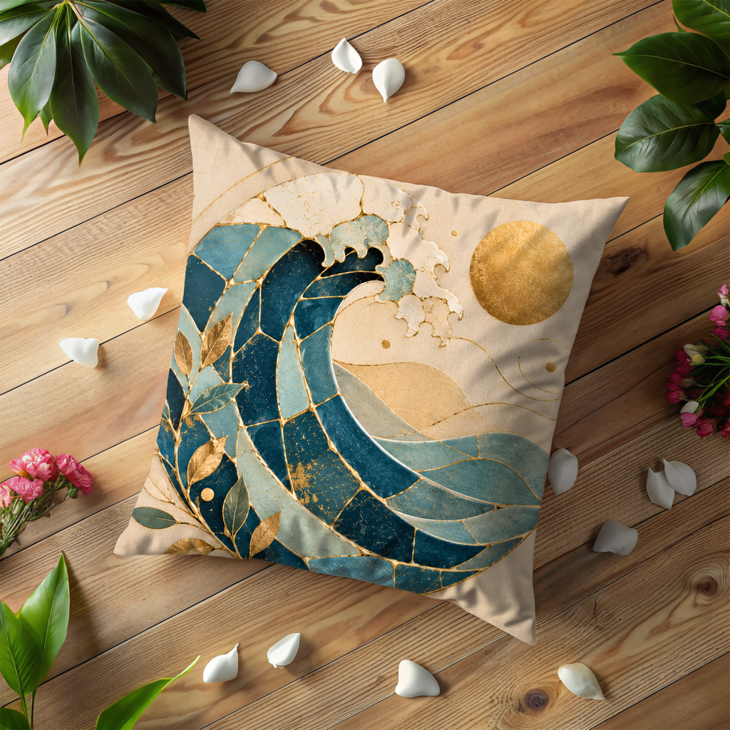 Mosaic Ocean Wave Pillow Cover | Golden Sun Wave Art | Gold Crackle Decor