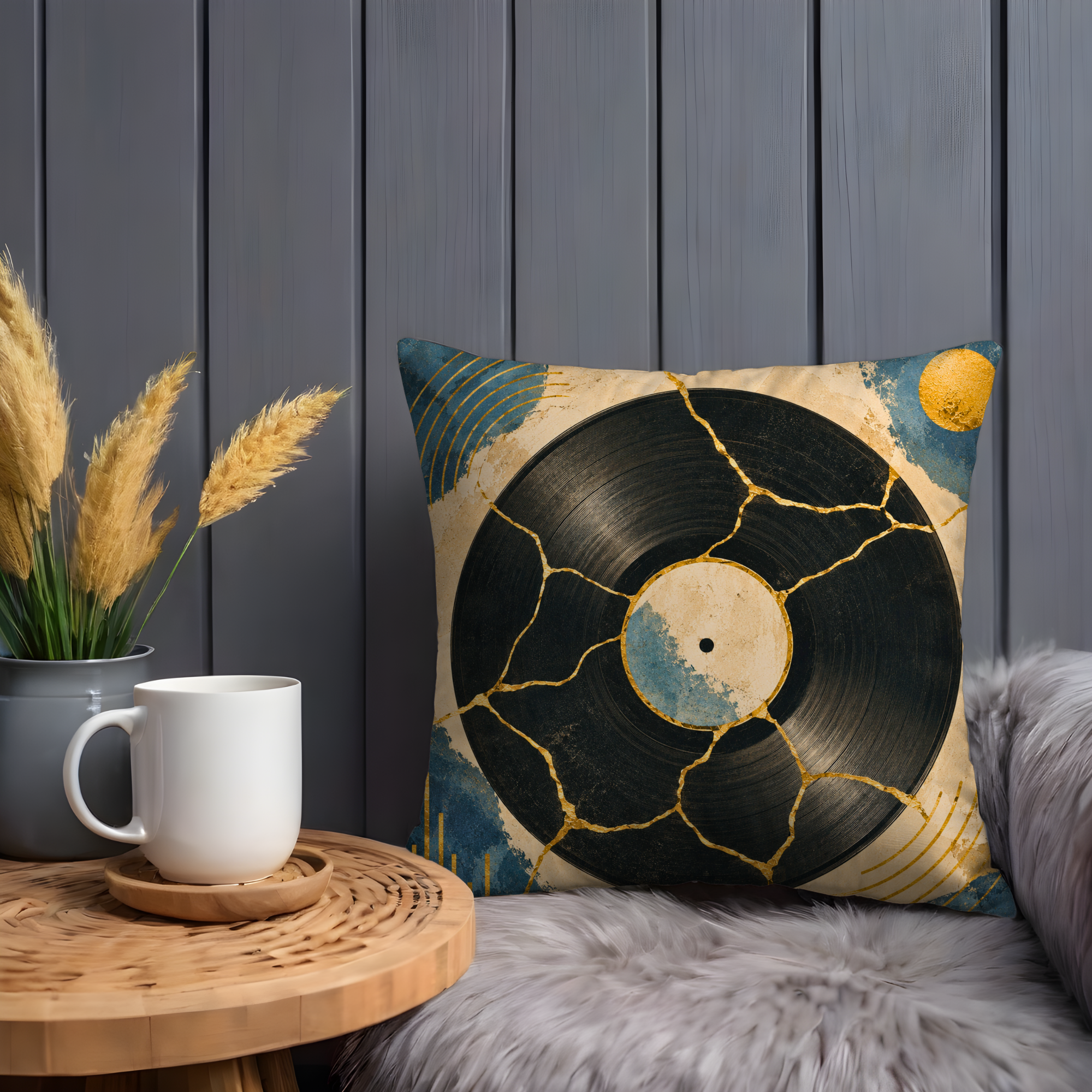 Mosaic Vinyl Record Pillow Cover | Retro Music Art | Gold Crackle Decor