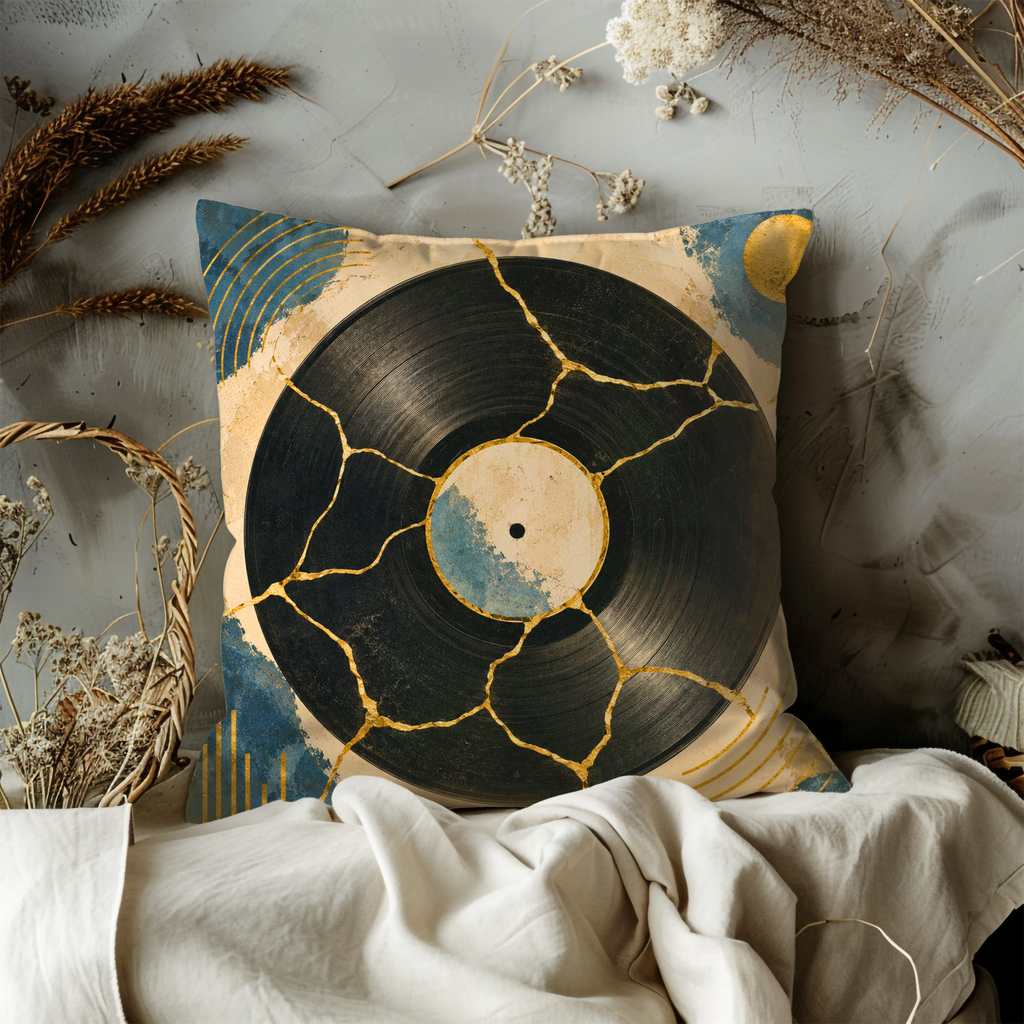 Mosaic Vinyl Record Pillow Cover | Retro Music Art | Gold Crackle Decor