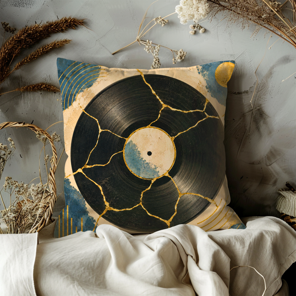 Mosaic Vinyl Record Pillow Cover – Retro Music Art | Gold Crackle Decor