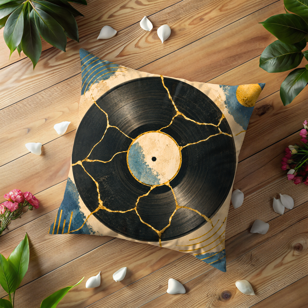 Mosaic Vinyl Record Pillow Cover | Retro Music Art | Gold Crackle Decor