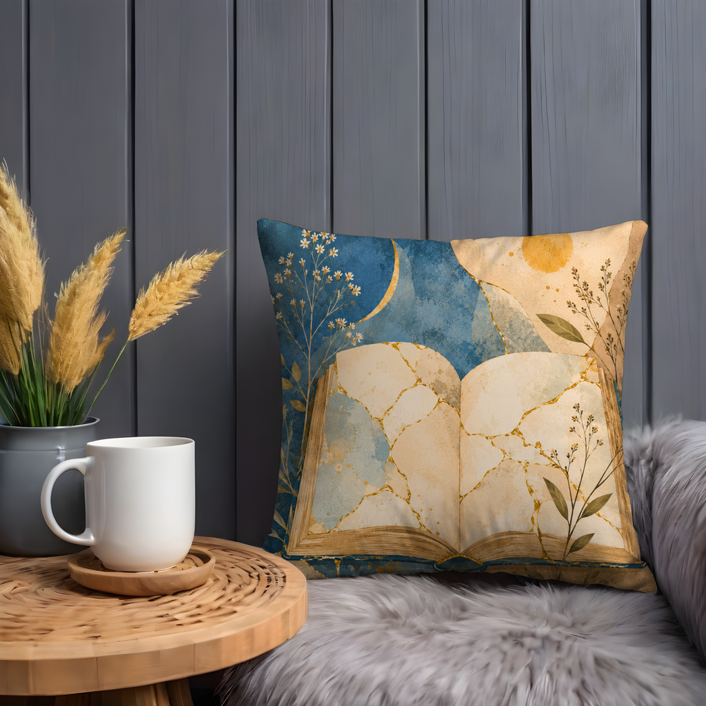 Open Book Wildflower Pillow Cover | Boho Literary Art | Gold Crackle Decor