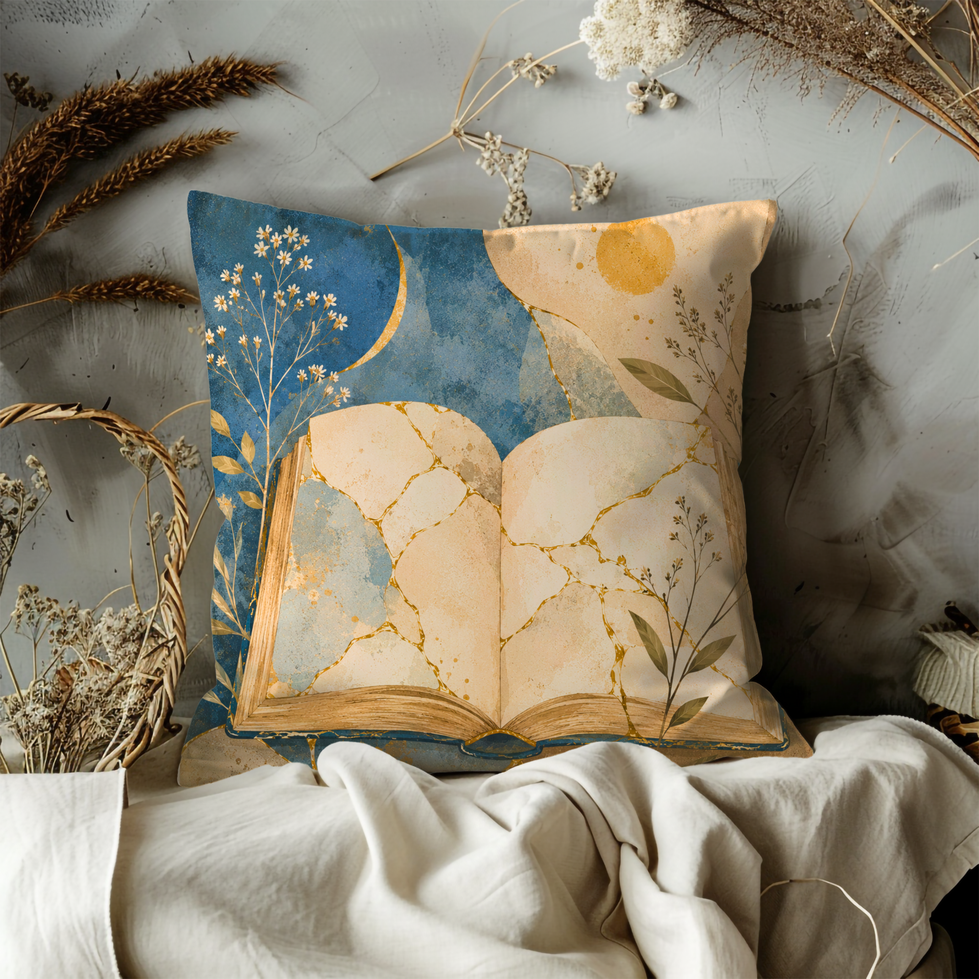 Open Book Wildflower Pillow Cover | Boho Literary Art | Gold Crackle Decor