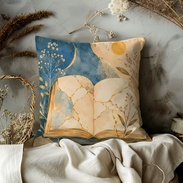 Open Book Wildflower Pillow Cover – Boho Literary Art | Gold Crackle Decor