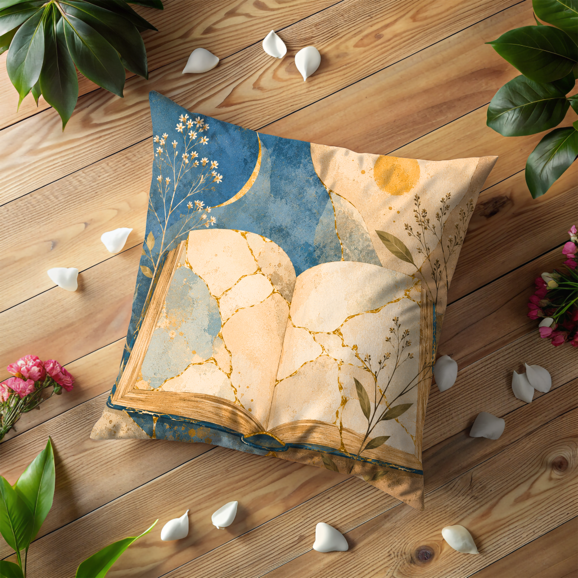 Open Book Wildflower Pillow Cover | Boho Literary Art | Gold Crackle Decor