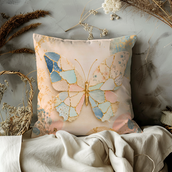 Mosaic Butterfly Pillow Cover – Pastel Boho Art | Gold Crackle Decor