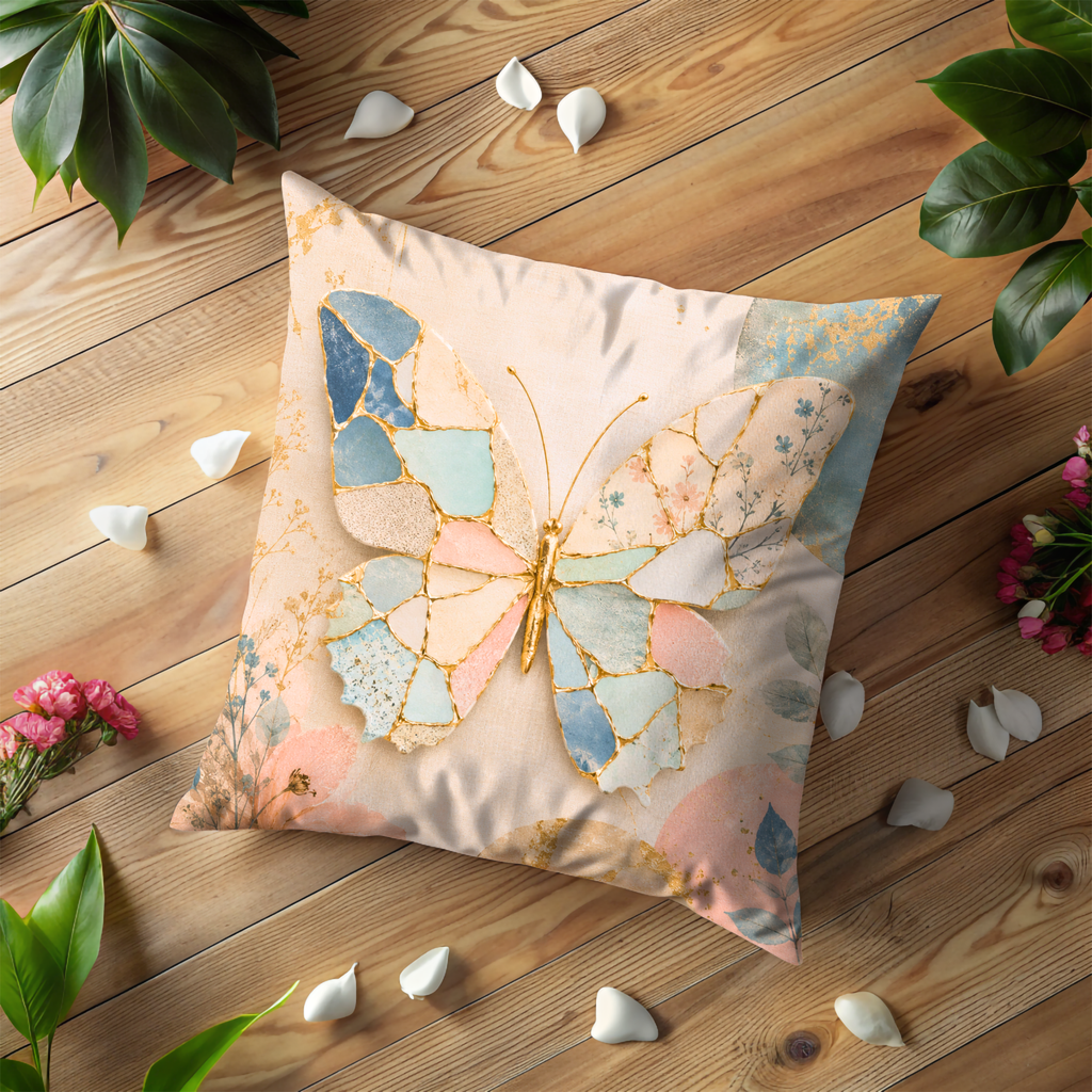 Mosaic Butterfly Pillow Cover | Pastel Boho Art | Gold Crackle Decor