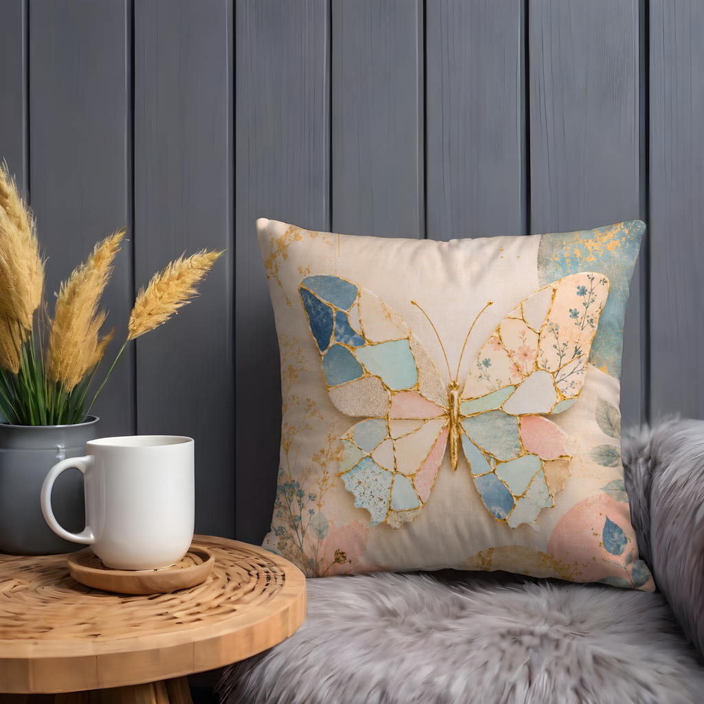 Mosaic Butterfly Pillow Cover | Pastel Boho Art | Gold Crackle Decor
