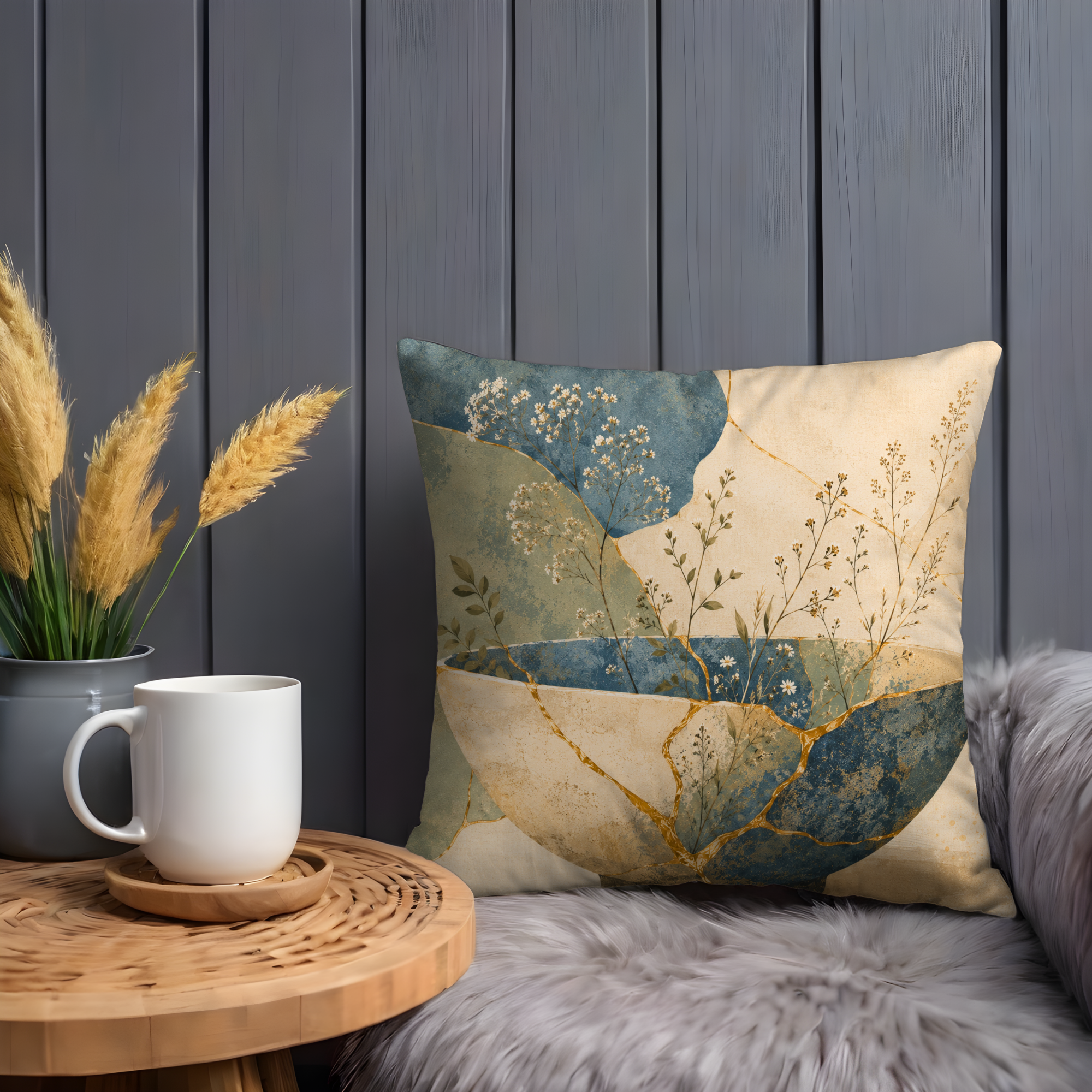 Mosaic Vase Wildflower Pillow Cover | Boho Botanical Art | Gold Crackle Decor