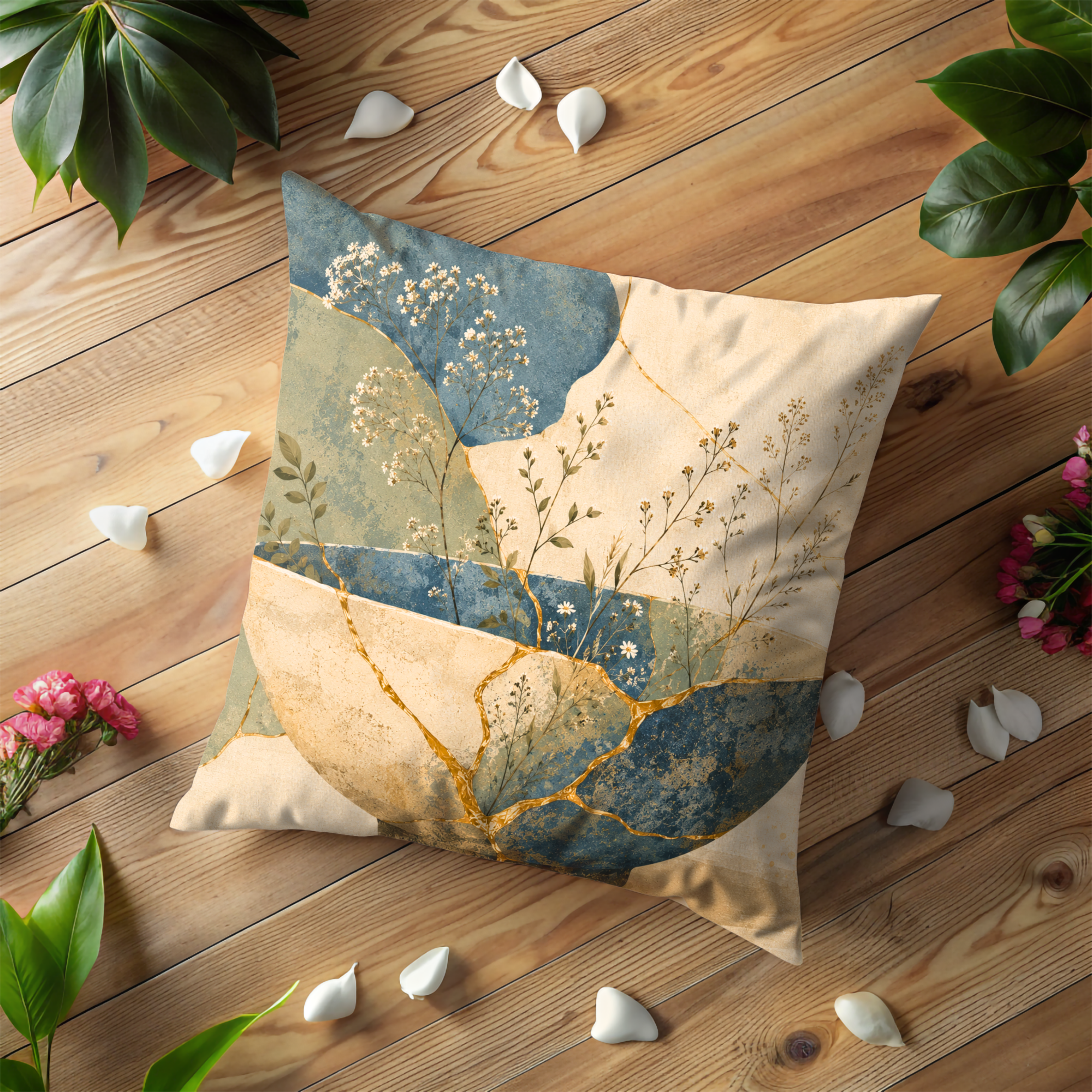 Mosaic Vase Wildflower Pillow Cover | Boho Botanical Art | Gold Crackle Decor