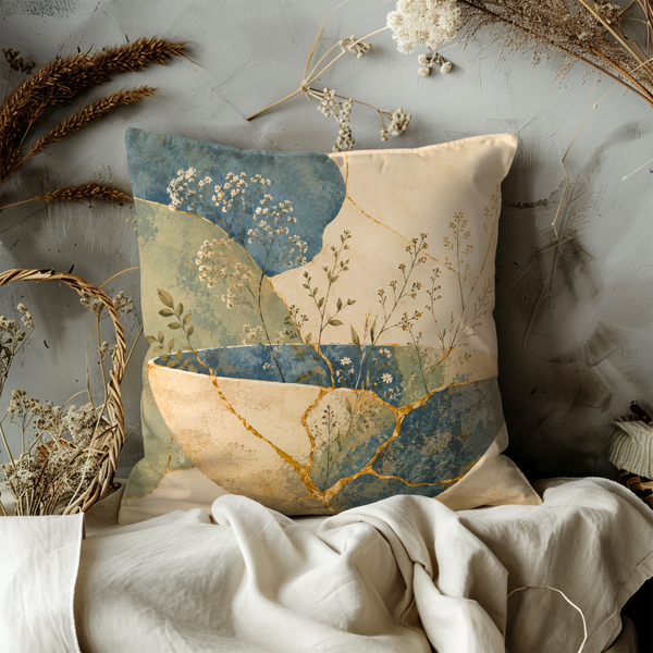 Mosaic Vase Wildflower Pillow Cover – Boho Botanical Art | Gold Crackle Decor