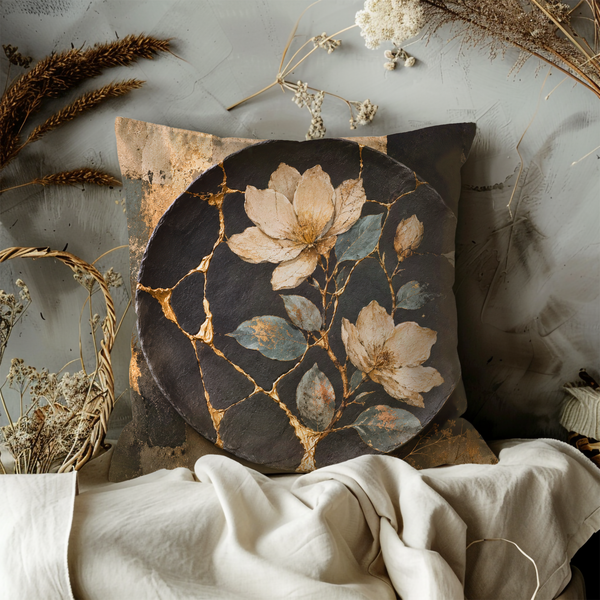 Dark Floral Mosaic Pillow Cover – Celestial Boho Art | Gold Crackle Decor