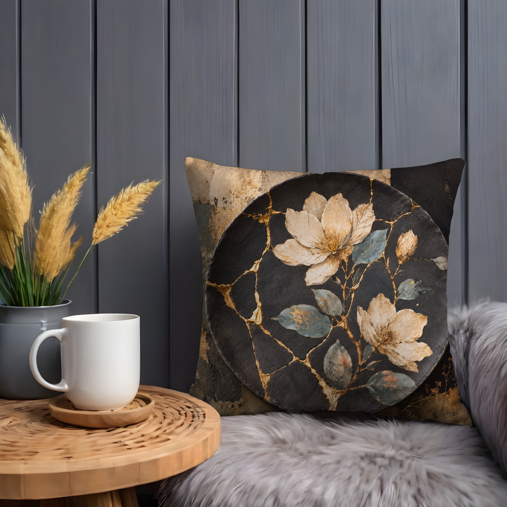Dark Floral Mosaic Pillow Cover | Celestial Boho Art | Gold Crackle Decor