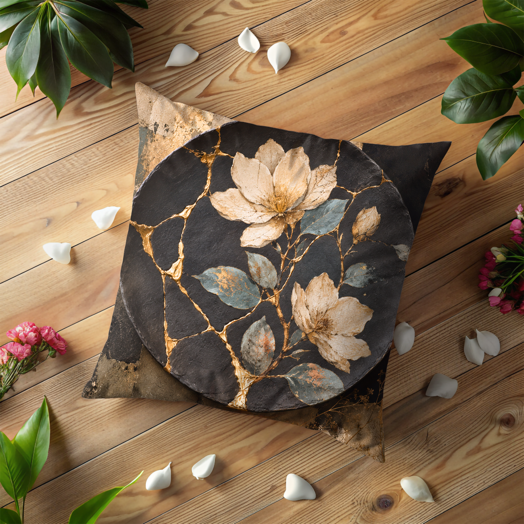 Dark Floral Mosaic Pillow Cover | Celestial Boho Art | Gold Crackle Decor