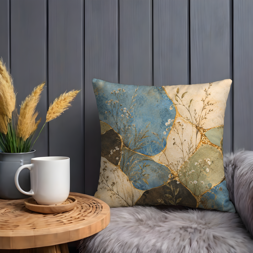 Abstract Wildflower Mosaic Pillow Cover | Boho Botanical Art | Gold Crackle Decor