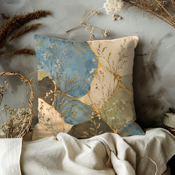 Abstract Wildflower Mosaic Pillow Cover – Boho Botanical Art | Gold Crackle Decor