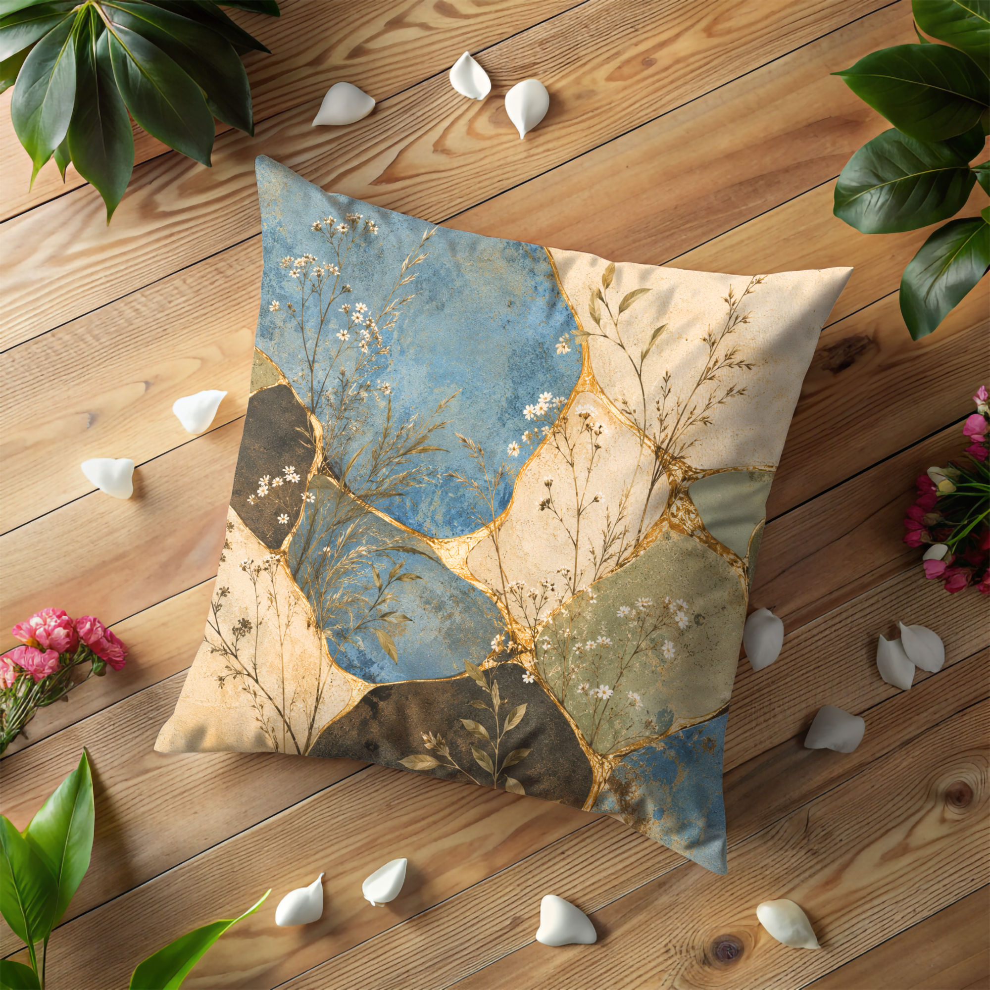 Abstract Wildflower Mosaic Pillow Cover | Boho Botanical Art | Gold Crackle Decor