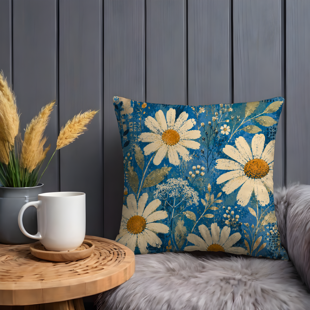 Daisy Wildflower Pillow Cover | Blue Boho Floral Art | Gold Crackle Decor