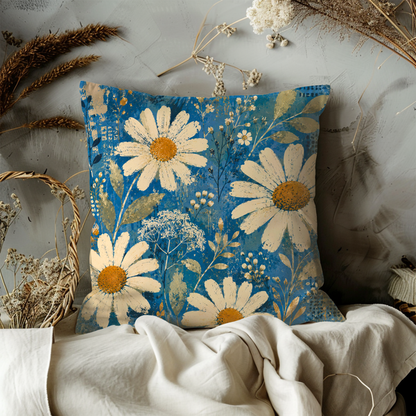 Daisy Wildflower Pillow Cover – Blue Boho Floral Art | Gold Crackle Decor