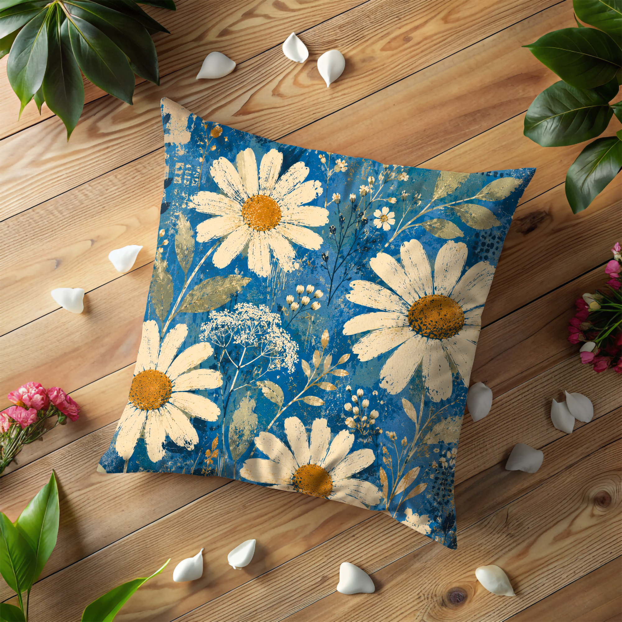 Daisy Wildflower Pillow Cover | Blue Boho Floral Art | Gold Crackle Decor