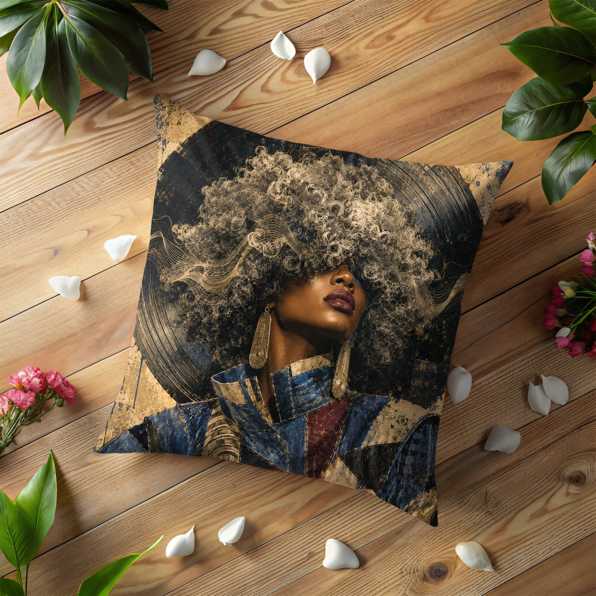 Music Queen Afro Vinyl Portrait Pillow Cover | Soul Music Art | Gold Crackle Decor