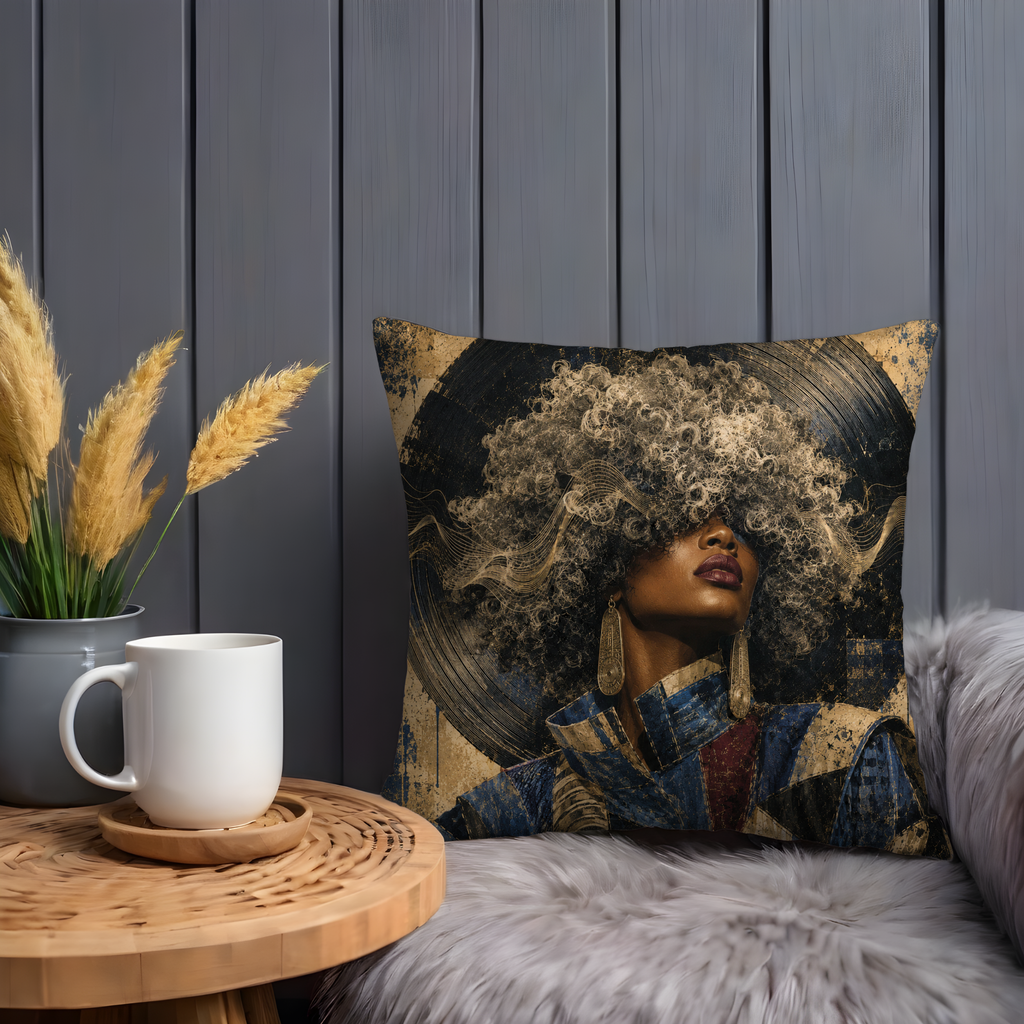 Music Queen Afro Vinyl Portrait Pillow Cover | Soul Music Art | Gold Crackle Decor