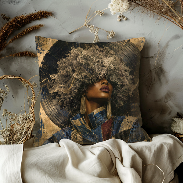 Music Queen Afro Vinyl Portrait Pillow Cover – Soul Music Art | Gold Crackle Decor