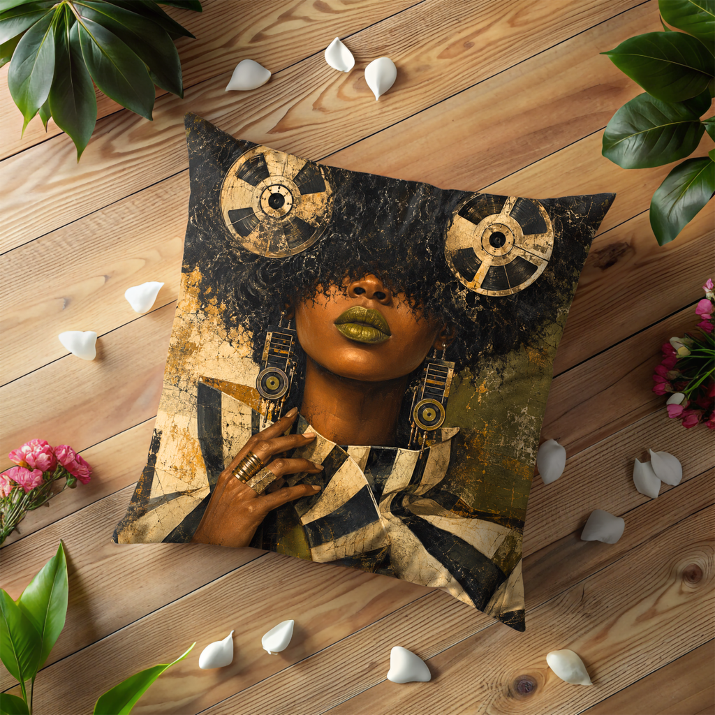 Afro Reel Tape Portrait Pillow Cover | Soul Music Art | Gold Crackle Decor