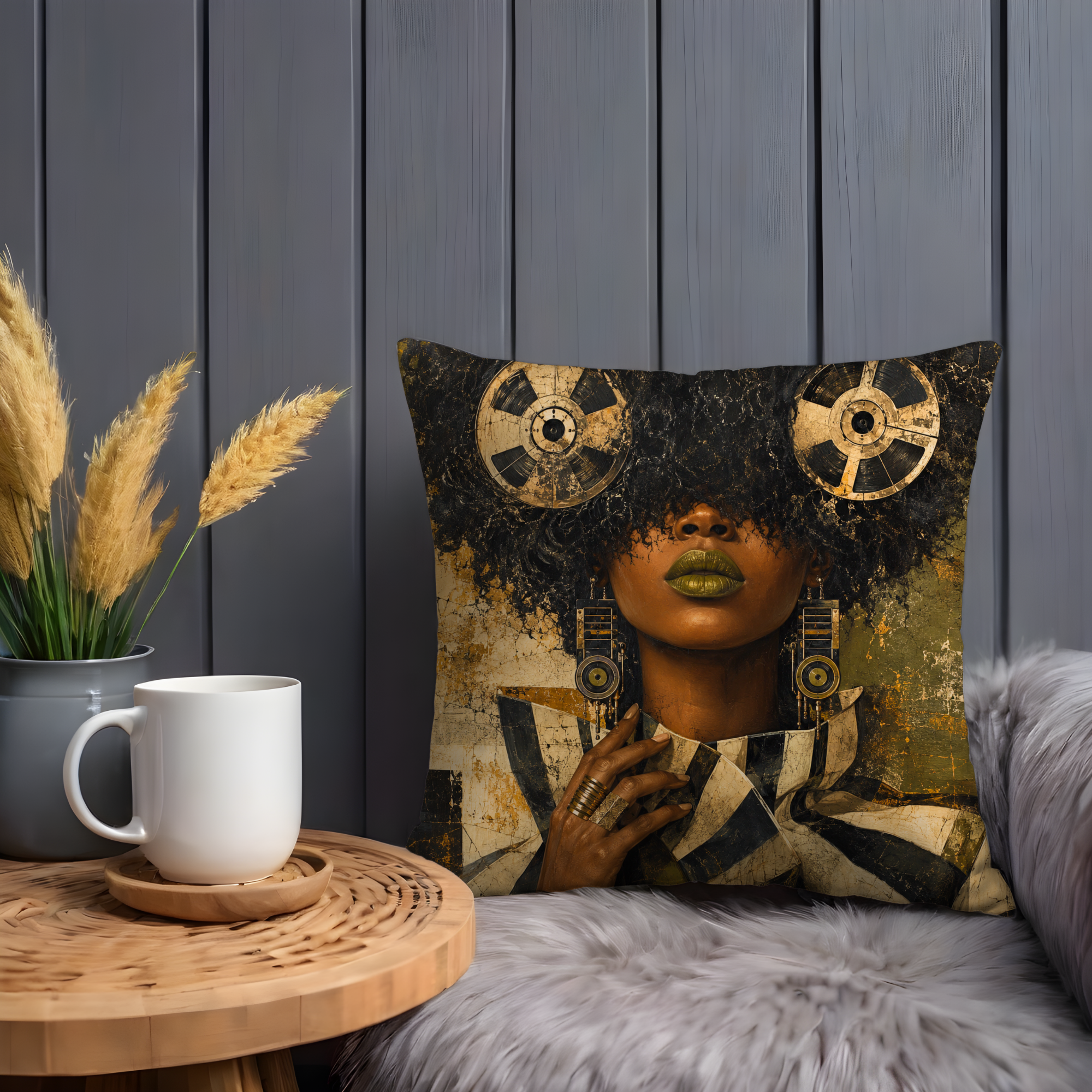 Afro Reel Tape Portrait Pillow Cover | Soul Music Art | Gold Crackle Decor