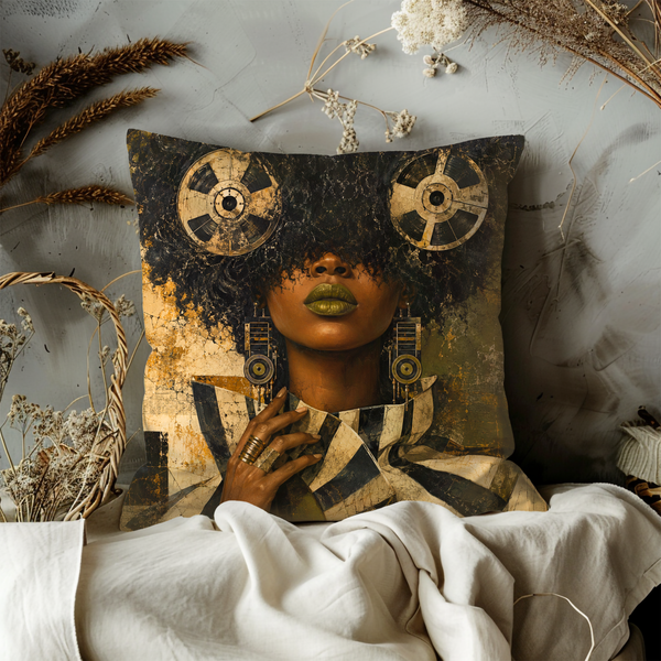 Afro Reel Tape Portrait Pillow Cover – Soul Music Art | Gold Crackle Decor