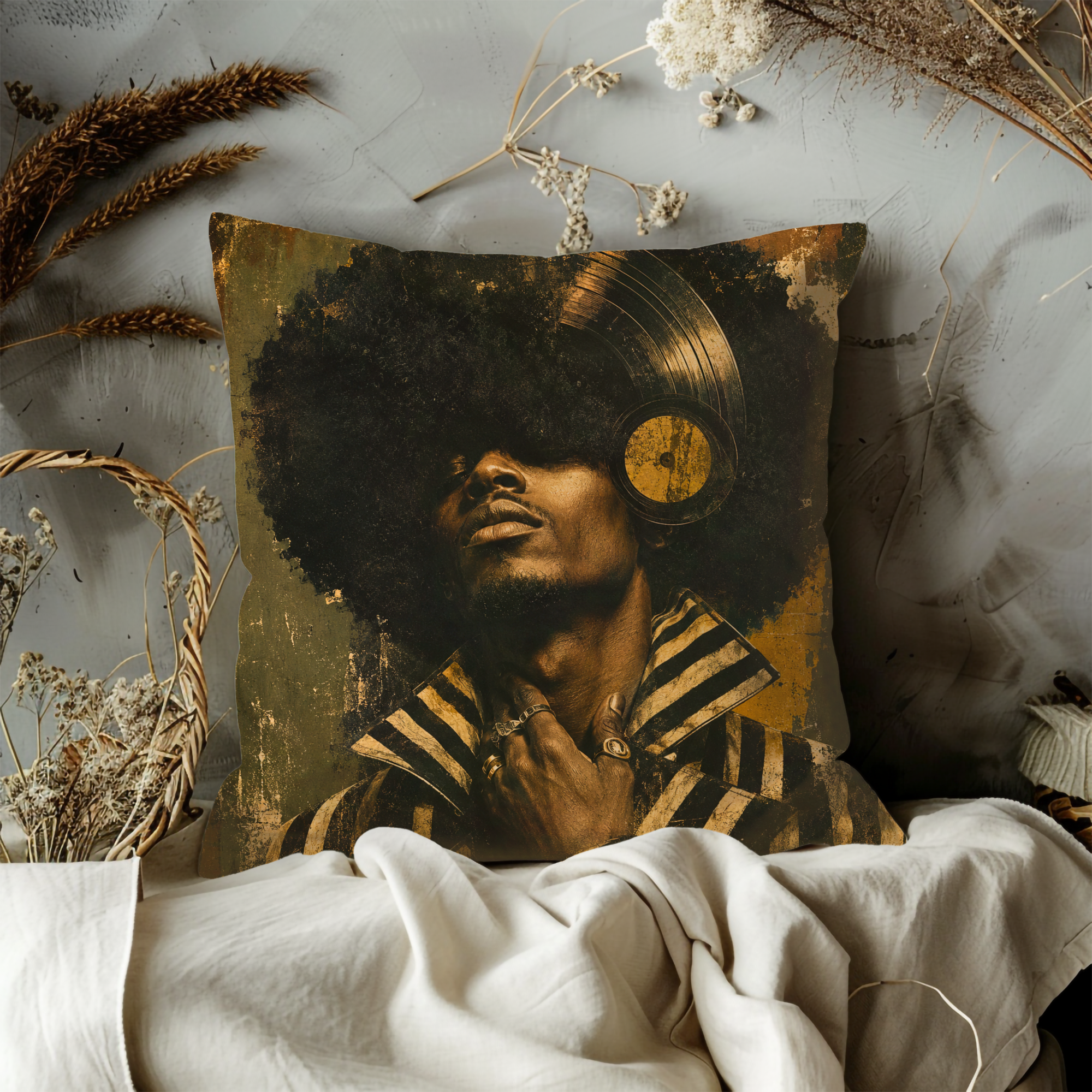 Afro Vinyl Portrait Pillow Cover | Soul Music Art | Gold Crackle Decor
