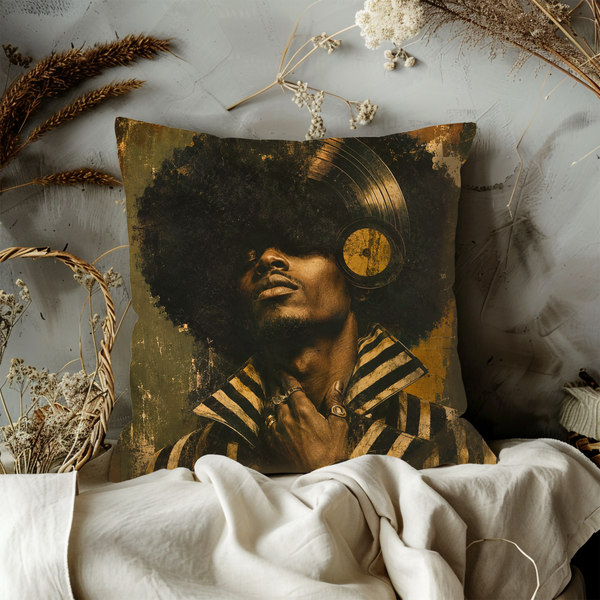 Afro Vinyl Portrait Pillow Cover – Soul Music Art | Gold Crackle Decor