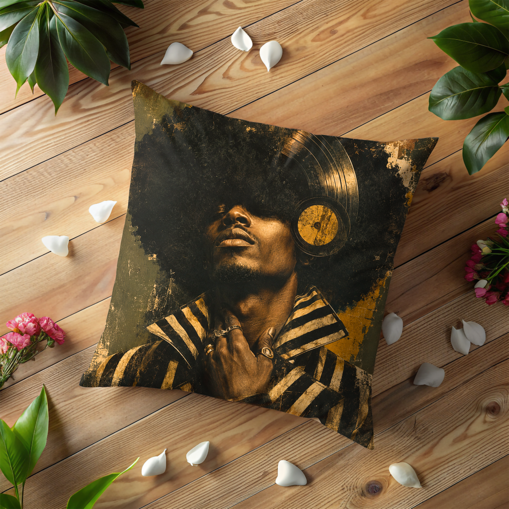 Afro Vinyl Portrait Pillow Cover | Soul Music Art | Gold Crackle Decor